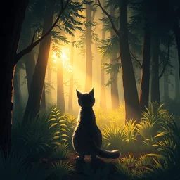 a cat in a forest, backlighting, trending on artstation, furry art, by kawacy, warm lighting, digital art