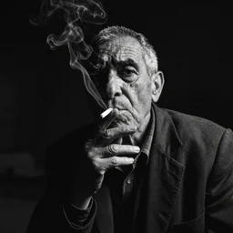 grainy, black and white portrait of an old man smoking a cigarette in the shadows, he looks weary and distant, film photo, moody, artistic, 5 0 mm, 8 k, high quality