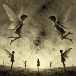 fairies, different sizes, big, small, dark, particles, by Ross Tran, Basil Gogos,  Laurie Lipton, Zdzisław Beksiński, Junji Ito, Laurie Lipton,  and Michael Whelan, distant, gustav dore, H.R. Giger, 8k, hd, 4k, hyper, realistic, render