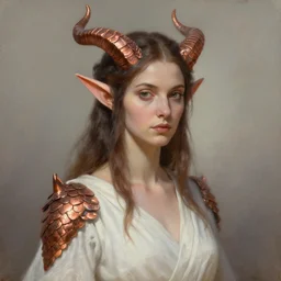 A detailed oil portrait of an elf woman with small horns of copper and copper scales covering her arm and neck wearing a simple white robe, by greg rutkowski, trending on artstation, dungeon and dragons art