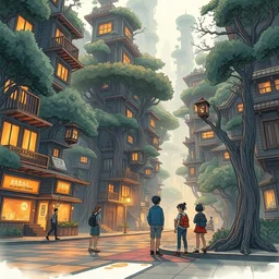 colored ink illustration, futuristic organic city, everything made of wood, buildings are trees, group of teenagers hanging out on the street corner, futuristic environment, warm hazy forest floor lighting, cinematic lighting, octane render, sharp focus, clean shaped illustration by kim jung gi, studio ghibli, ric estrada, ron english and eiichiro oda