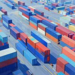 cargo containers port., cool color palette, colorful, sci - fi digital painting by simon stalenhag, high angle