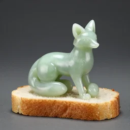 A jade statuette of a fox on a piece of bread. solid Background.