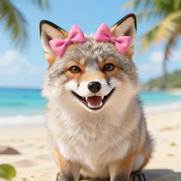 a photorealistic adorable chubby charming but vicious fennic fox wolf rabbit hybrid, wearing bows on the top of its head, grinning at the camera with a mischievous look, sharp teeth, happy lighting, at a tropical beach