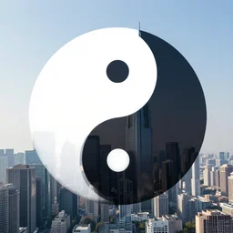 a yin - yang daoist symbol superimposed on the futuristic cityscape in a utopian well - organized society, black and white