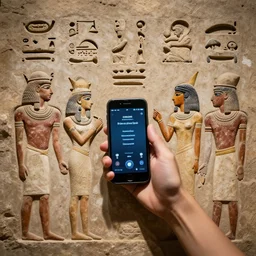 Hieroglyphics of men and women worshipping a cellphone. Archaeological discovery, Ultra high resolution, photo realistic, depth of field, award winning, cinematic, color graded