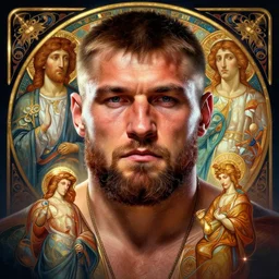 symmetry!! intense portrait of vladimir klitschko with beard and mustache, saint, intricate, highly detailed, my rendition, digital painting, artstation, concept art, sharp focus, illustration, art by artgerm and greg rutkowski and alphonse mucha, 8 k ultra realistic, lens flare, atmosphere, glow, detailed, intricate, full of colour, led lighting, 4 k, hyperrealistic, focused, extreme details, unreal engine 5, masterpiece
