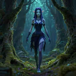 ravenfolk woman wandering in the lichen woods. safe for work, complementary colors, anime still, luminescent, 3 d render, 4 k, rimlight.