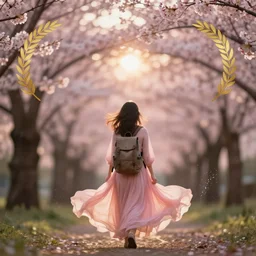 a 2 8 mm macro photo from the back of a woman in flowing pink dress wearing a backpack in front of a blooming cherry tree, seen from a distance, splash art, movie still, bokeh, canon 5 0 mm, cinematic lighting, dramatic, film, photography, golden hour, depth of field, award - winning, anamorphic lens flare, 8 k, hyper detailed, 3