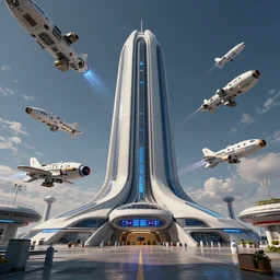 concept art of futuristic nasa headquarters with ships taking off from the station, hyperdetailed, artstation, cgsociety, 8 k