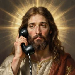 the portrait of jesus christ talking on old phone, an ultrafine hyperdetailed illustration by kim jung gi, irakli nadar, detailed faces, intricate linework, bright colors, octopath traveler, final fantasy, unreal engine 5 highly rendered - h 6 4 0