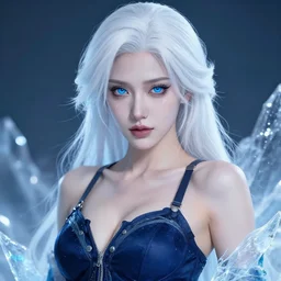 portrait of alluring cryomancer, face details, dark blue clothes, unbuttoned camisole, ice powers, white hair, blue eyes, pale skin, high fantasy, extremely detailed, smooth, sharp focus, illustration, by rossdraws, frank franzzeta, artgerm, collectable card art