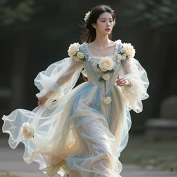 woman_dressed_in_a_vaporous_wrapped_large_victorian_cream_roses_silk_semi-transparent_blue_and_cream_dress_fashion_is_running_DDfantasy