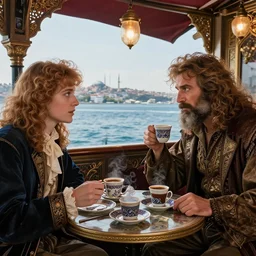 elrond and aragorn having a cup of turkish coffee in a coffee house overlooking the bosphorus strait in istanbul, cinecolor, lumen reflections, detailed faces, hypermaximalist, elegant, ornate, fantasy art, by caspar david friedrich, by tolkien