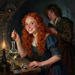fantasy concept art by jakub rozalski, jan matejko, colorful, freckled, young, redhead natalie portman as a ( ( ( cheerful ) ) ), law contrasts, and j. dickenson, ( low key light ), curly haired, clumsy medieval alchemist in a alchemy lab!!. dark shadows