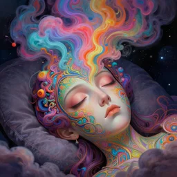 sleeping in space with head bursting into colorful liquid smoke and clouds, an extremely colorful psychedelic experience, dmt, psilocybin, lsd, face, detailed, intricate, elegant, highly detailed, digital painting, artstation, concept art, smooth, sharp focus, illustration, art by krenz cushart, hana yata, and artem demura and alphonse mucha, octane render, unreal engine, 8 k