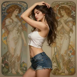 sexy girl wearing shorts and a tanktop, seductive, hands in her hair. side-view, highly detailed, digital painting, artstation, concept art, smooth, sharp focus, illustration, art by artgerm and alphonse mucha, high definition digital art, in the style of Ross tran and ilya kuvshinov