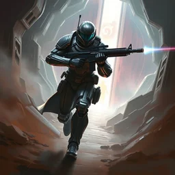 armor - plated soldier carrying a plasma rifle, running through a portal to another dimension, art by emmanuel shiu