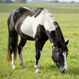 a black and white horse eating grass in a field, photograph, photography 4 k