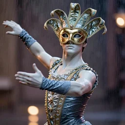 portrait of a male dancer with a beautiful porcelain face dressed in a venecian mask, gloves on spread hands, rain, bokeh, cinematic light and reflections, beautiful dreamy lighting, ernst haeckel, annie leibovitz, zbrush,