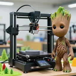 giant 3 d printer and groot with sad face at a 3 d printers farm, focus on 3 d printer, sharp focus,