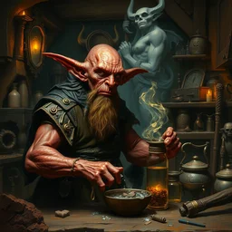 portrait of red - skinned goblin alchemist working in his fantasy medieval workshop, illustration concept trending pixiv fanbox by wlop and greg rutkowski and caravaggio and rosa bonheur, and william harnett, hyperrealism art