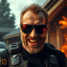 duke nukem wearing reflective sunglasses, narcissistic, full of testosterone, being happy that his house is on fire, high quality, very detailed, a professional photo, cinematic, national geographic quality