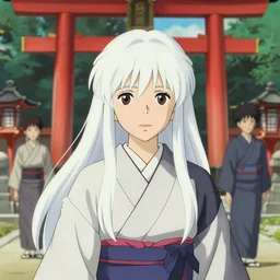 portrait of a young japanese girl with long white hair in traditional clothing at a shinto shrine, fine detailed features, trending on pixiv fanbox, ilya kuvshinov makoto shinkai takashi takeuchi studio ghibli, akihiko yoshida, 4 k