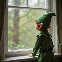 an elf staring at the window looking at the trees outside, 8 k, ultra realistic