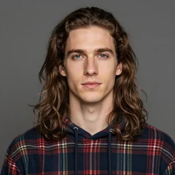 highly detailed portrait of a beautiful man with long hair, tartan hoody, photographic realistic background, ringlet hair by atey ghailan, by greg rutkowski, by greg tocchini, by james gilleard, by joe fenton, by kaethe butcher, gradient violet, black, cream and white color scheme, trending in pinterest, award winning details