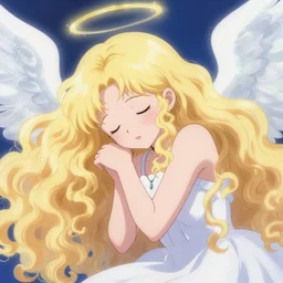 pawing at this soft unconscious, the world is dying, angel numbers, angelic lighting, long blonde voluminous curly haired girl, cute, in the style of hideaki anno