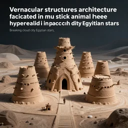 “Vernacular structures architecture fabricated in mud stick animal hide hyperrealistic futuristic in space cloud city Egyptian stars”