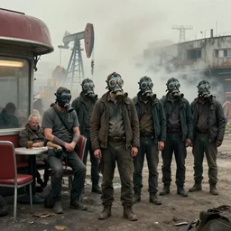waiting in line for crude oil by simon stalenhag and gil elvgren and tom bagshaw and marc simonetti and jan miense molenaer and arthur adams, dystopian slums, diner scene, highly detailed, hyperrealism, smog, gas masks, belnded palette