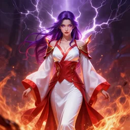 full body portrait of the goddess of fire and thunder, robes, red and white, beautiful, violet hair, glowing eyes, stunning, high fantasy, highly detailed, smooth, sharp focus, digital illustration, by rossdraws, frank fanzzeta, sakimichan