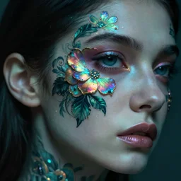 neo-surrealist hyper detailed close-up portrait of woman with iridescent rococo flower tattoos on half of her face matte painting concept art key sage very dramatic dark teal lighting side angle hd 35mm shallow depth of field 8k