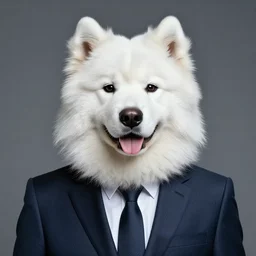 still of a man in a suit wearing a highly realistic mask of a samoyed dog