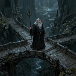 Gandalf at the Bridge of Khazad-dûm in the evening, top view, detailed matte painting, cinematic, Alan Lee, Artstation