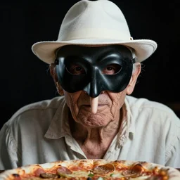 portrait photo of an old man, wrinkles, moody, sinister looking, long nose, crooked nose, black pulcinella masquerade mask, white hat, baggy shirt, backlit, muted colors, pizza in foreground, black background, close - up, skin blemishes, acclaimed, nikon 5 0 mm, expensive masterpiece