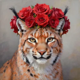 an expressive oil painting of a lynx waring a crown!! made out of roses, crown of roses, roses in the shape of a hat, high quality art,
