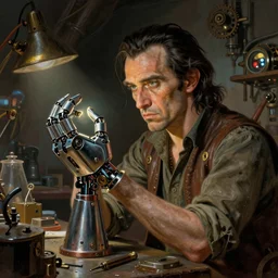 a man in a messy steampunk workshop inspecting a futuristic robot hand in the style of wayne barlowe, dali, boris vallejo