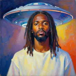 an African Jesus and a UFO, colourful portrait painting by Hsiao-Ron Cheng,
