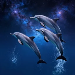 a couple of cosmic dolphins swimming and jumping out of a ocean of the cosmos, epic composition, 4 k