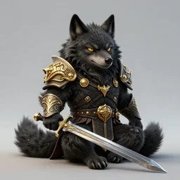 cute handsome cuddly burly surly relaxed calm timid werewolf from van helsing holding a sword unreal engine hyperreallistic render 8k character concept art masterpiece screenshot from the video game the Elder Scrolls V: Skyrim deep vibrant black jet black gold golden