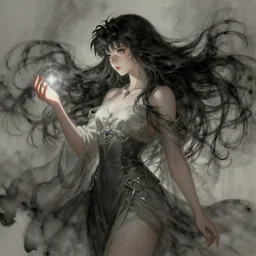 belldandy ah my goddess! casts a magical spell, windy floating hair!!, moody muted tones, surrealistic washed ink, seductive beauty! cinematic volumetric lights, full portrait, dnd, fantasy, intricate, elegant, highly detailed, digital painting, artstation, concept art, smooth, sharp focus, illustration, art by artgerm and tom bagshaw and greg rutkowski and alphonse mucha