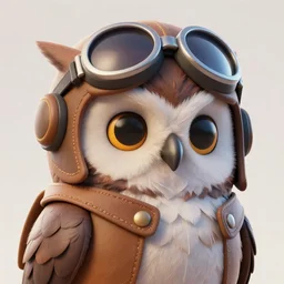 high resolution, cinematic, anthropomorphic owl character, hunter clothing, realistic detailed feathers, pilots hat, made in 3 d, collectable statue, octane render, friendly face, sad eyes, super cute, volumetric lighting by disney and studio ghibli and pixar