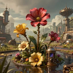steampunk flowers on a steampunk land in the borderlands 3 style, smooth, cinematic, wet reflections, ray tracing x, rtx, smooth