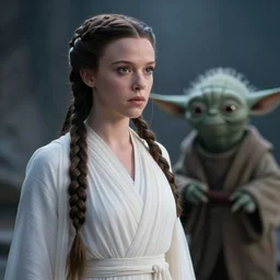 film still of!!!! millie bobby brown!!! as princess leia in star wars movie, long braided hair pulled back, closeup portrait, wearing long white robe looking at yoda on dagobah, deep focus, glamour pose, dramatic lighting, octane, mist, volumetric lighting, 8 k