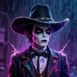 splashes of neon, mowhawk, punk portrait made out of paint with rain in the background, trending on artstation, epic composition, emotional, beautiful, rendered in octane, highly detailed, realistic, tim burton comic book art, sharp focus, matte painting, unreal engine