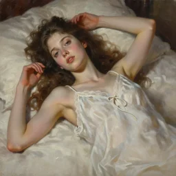 highly detailed oil painting, portrait of beautiful girl wearing night gown laying in her bed, fantasy character portrait, dynamic pose, above view, top lighting, realistic shaded, loose brush strokes, perfect face, 8 k realistic, hyper detailed, digital painting, artstation, concept art, hyper detailed eyes, top lighting, art by peter mohrbacher and artgerm