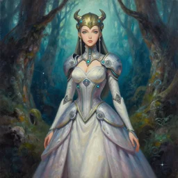 viking scifi pricess of the lichen woods, wearing a lovely dress with cyberpunk details. this oil painting by the award - winning mangaka has an interesting color scheme and impeccable lighting.
